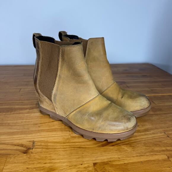 Sorel Joan Of Arctic Wedge Tan Brown Leather Ankle Boots Size 8 - Picture 2 of 6